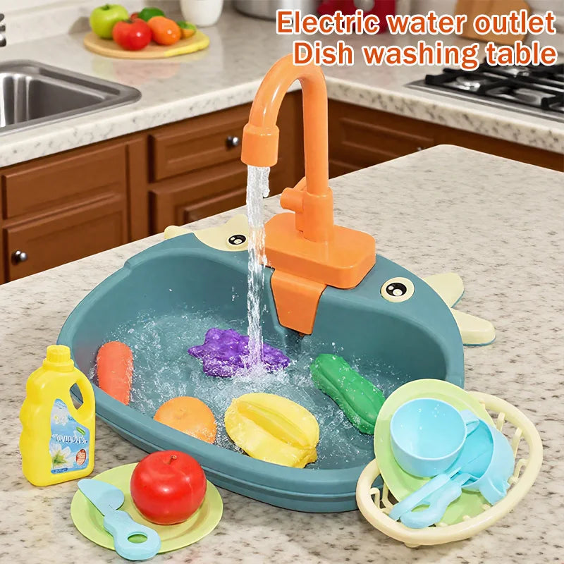 Kids Playhouse Kitchen Set Simulated Dishwasher Sink Hand Basin with Circulating Water Toddler Toys for Boys Girls and Role Play