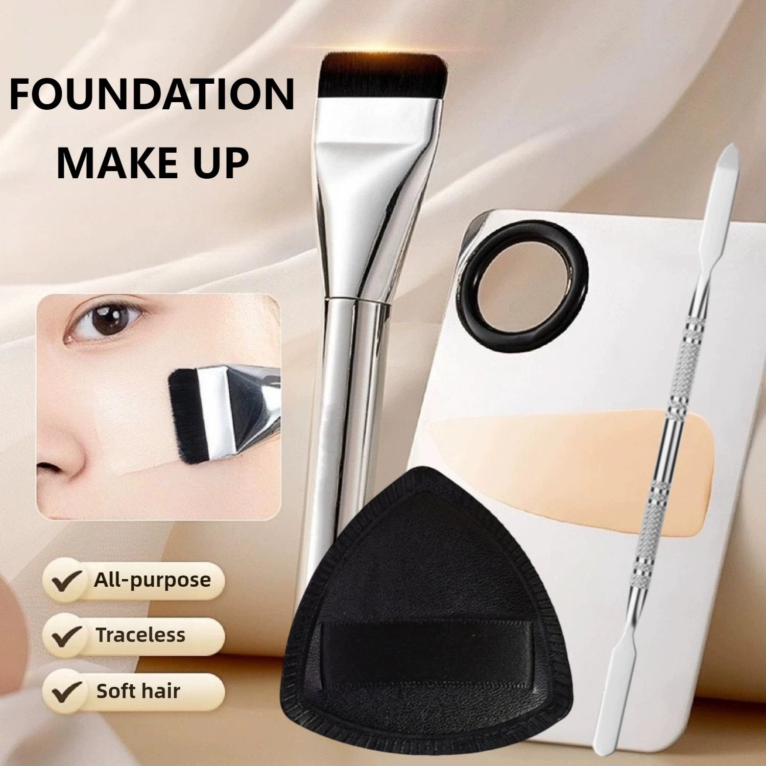 Four pieces ultra-thin foundation brushes makeup mixing palette with spatula flat face brush makeup puff beauty makeup tools