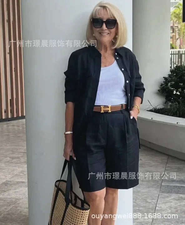 Casual Women Suit Long Sleeve Shirt + High Waist Crotch Pants Sets Two Piece Set Solid Women's Outfit Spring Autumn 2-piece Set