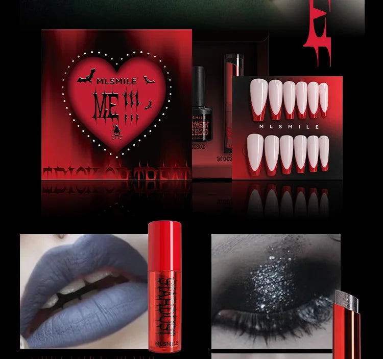 MLSMILE Halloween Makeup Set Eyeshadow Glitter Lip Glaze Fake Blood Wearing Armor 4pcs/set Festive Set Trick or Treat Cosmetics