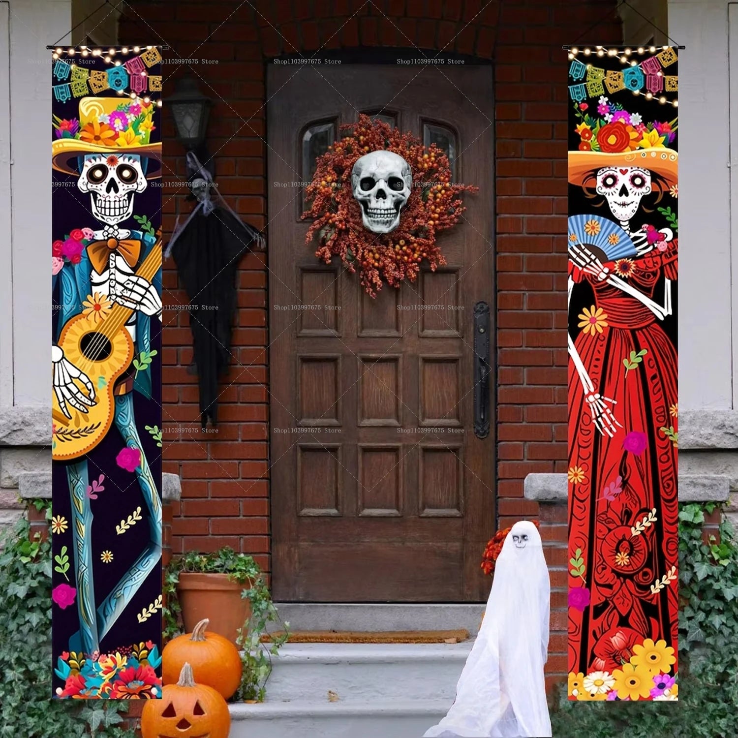 Halloween Decorations Dia De Los Muertos Porch Sign Banners Mexico Day of The Dead Hanging Banner for Indoor Outdoor Wall Decor