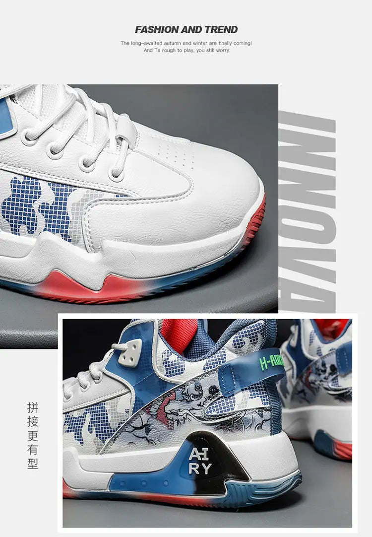 Couple Basketball Shoes Men High Top Sports Wear Resistant Air Cushioning Shoes Athletic Boots Comfortable Breathable Sneakers