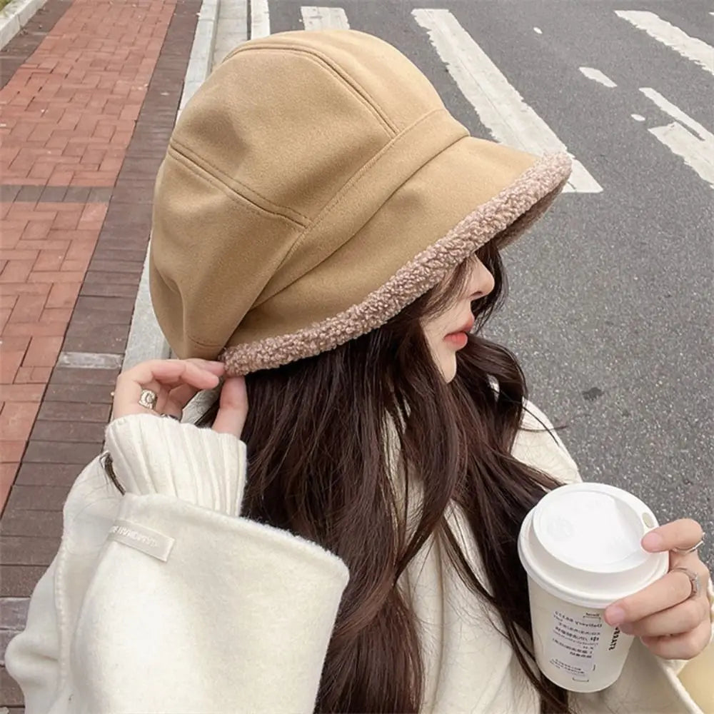 Winter Hats for Women Suede Bucket Hat Plus Velvet Lamb Hair Caps Outdoor Warm Thick Beret Wide Brim Windproof Cap Thick Hats