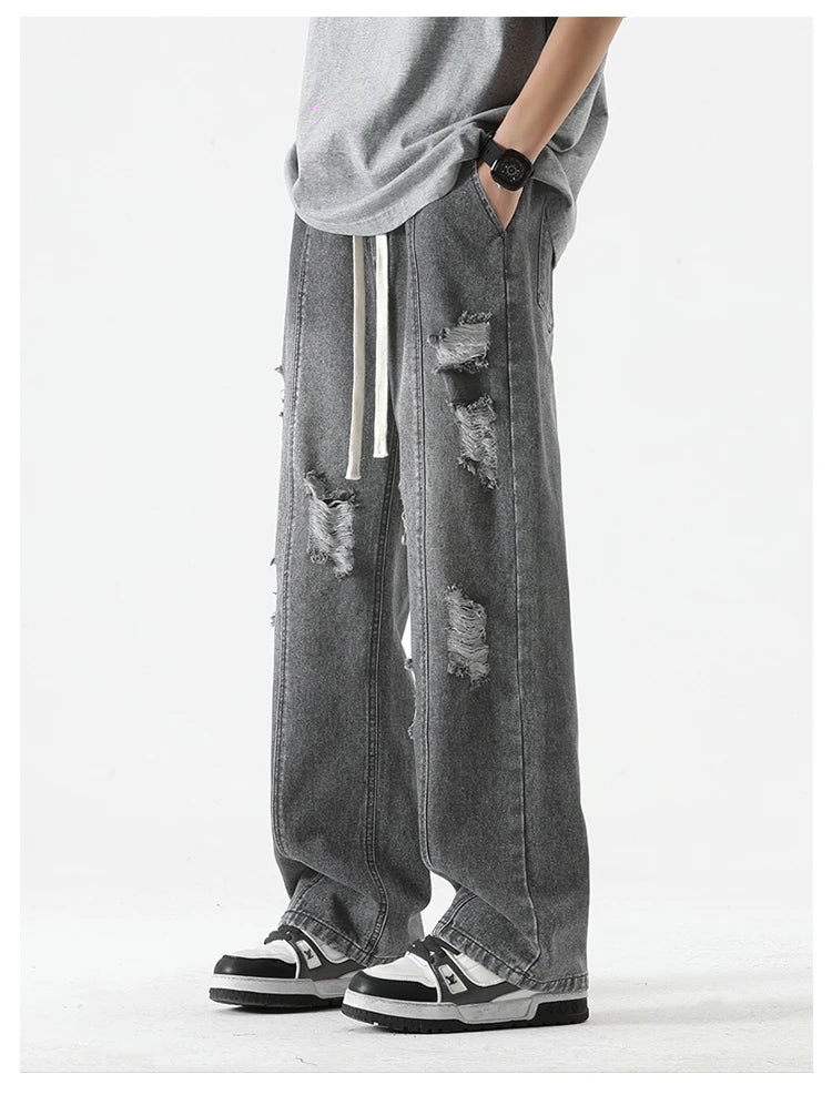 Men's Summer Ripped Jeans Loose Straight Leg Retro Men Draw Rope Port Fashion Brand All-match Casual Pants