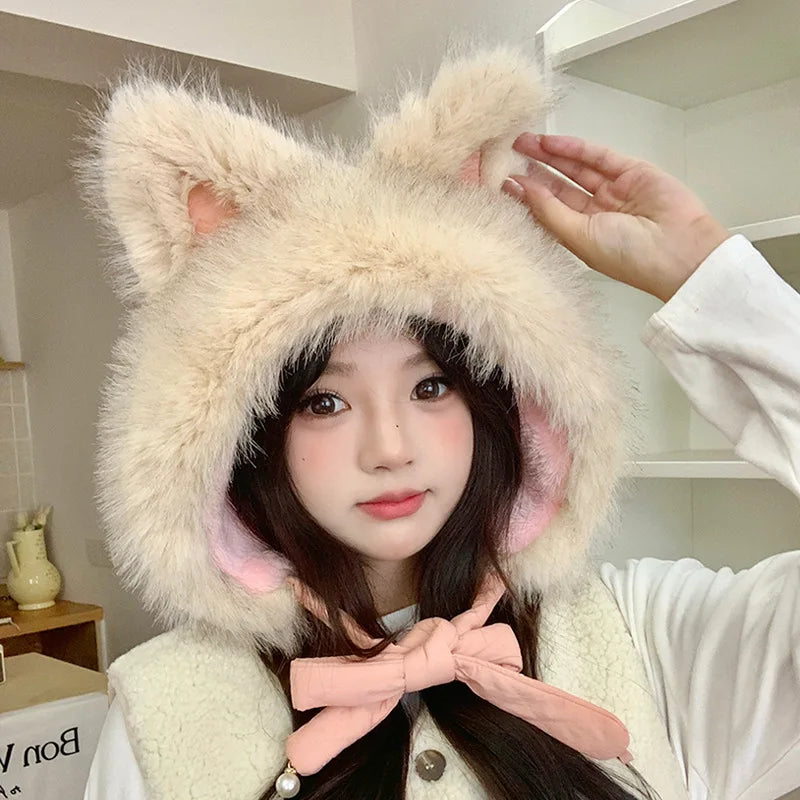 Winter Hat Thicken Ski Beanie Hat for Women Balaclava Spicy Girl Style Cat Girlfriend Hat Outdoor  Warm Protection Accessories