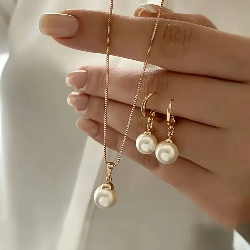Fashion Round Pearl Jewelry Set Of Earring Pendant Necklace For Women Exquisite Wedding Jewelry Set Gift