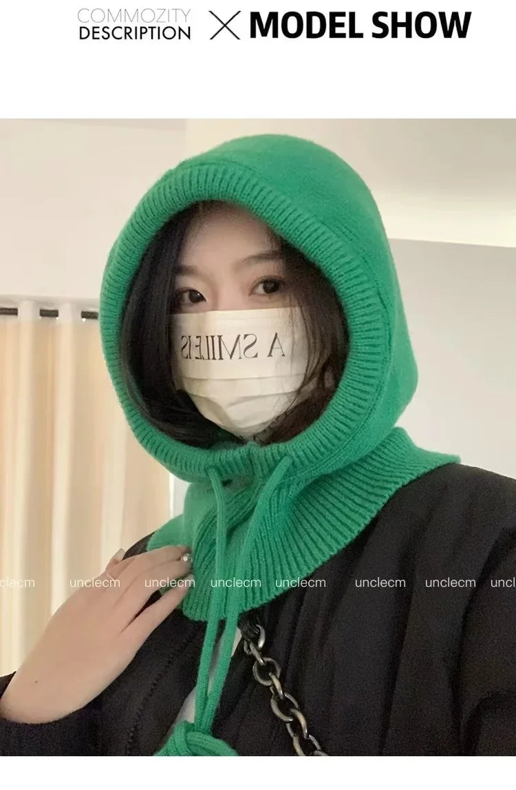 Winter Balaclava Hats For Men&Women Unisex Knitted Hooded Caps Outdoor Warmer Drawstring Hats One-Piece Neck Collar Beanies Cap