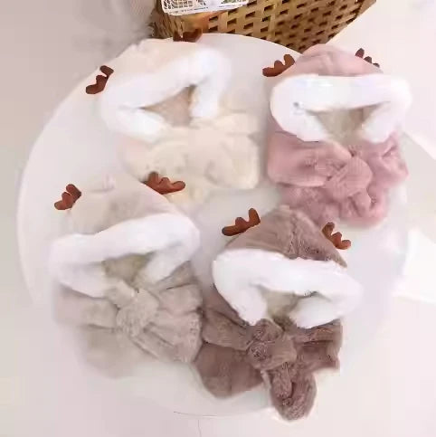 Winter Kids Hat for Boy Girl Cartoon Deer Antler Scarf One-Piece Faux Fur Baby Bonnet Thicken Infant Earflap Cute Christmas Gift
