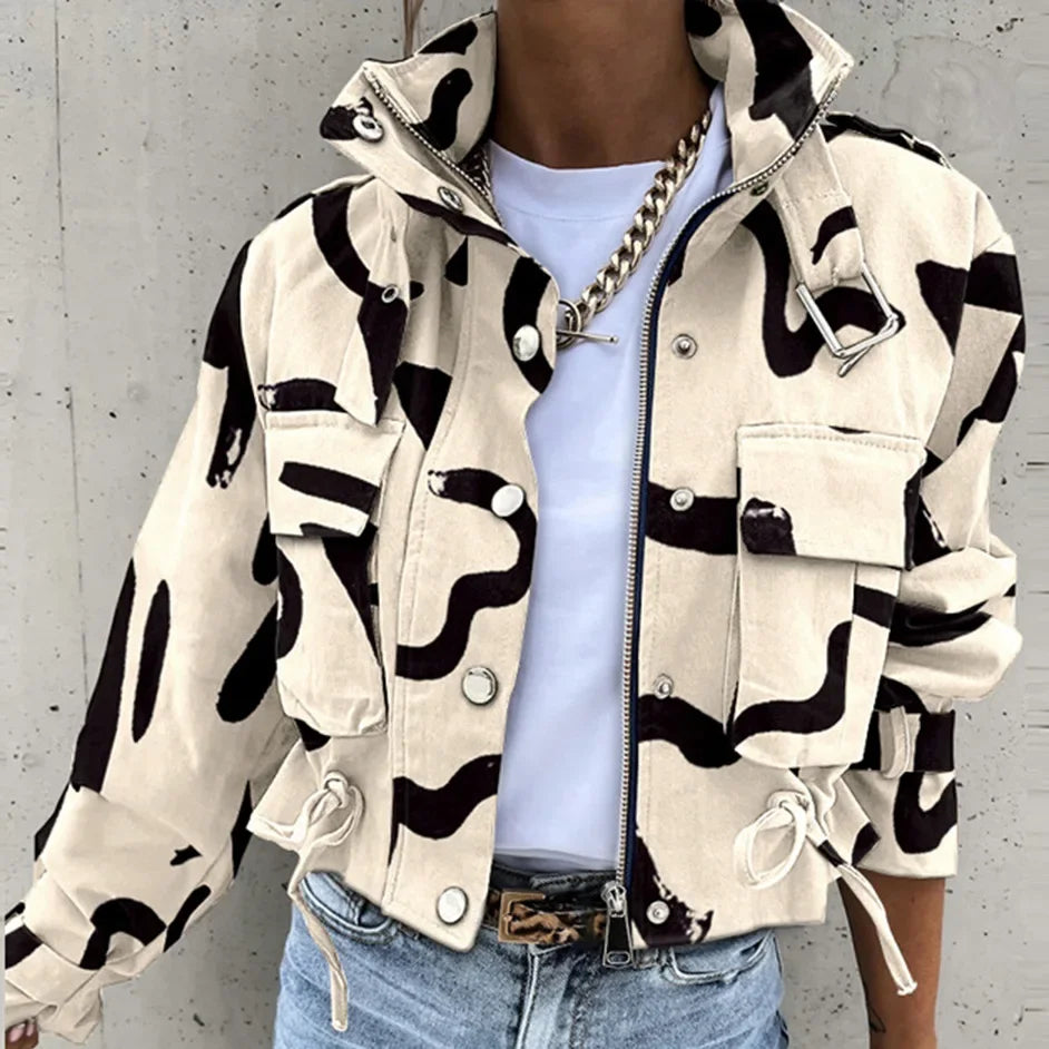 Jackets Women Coats Stand Collar Coat Zipper Print Y2k Tops Streetwear Casual Outerwear Single Breasted Spring Work Jacket