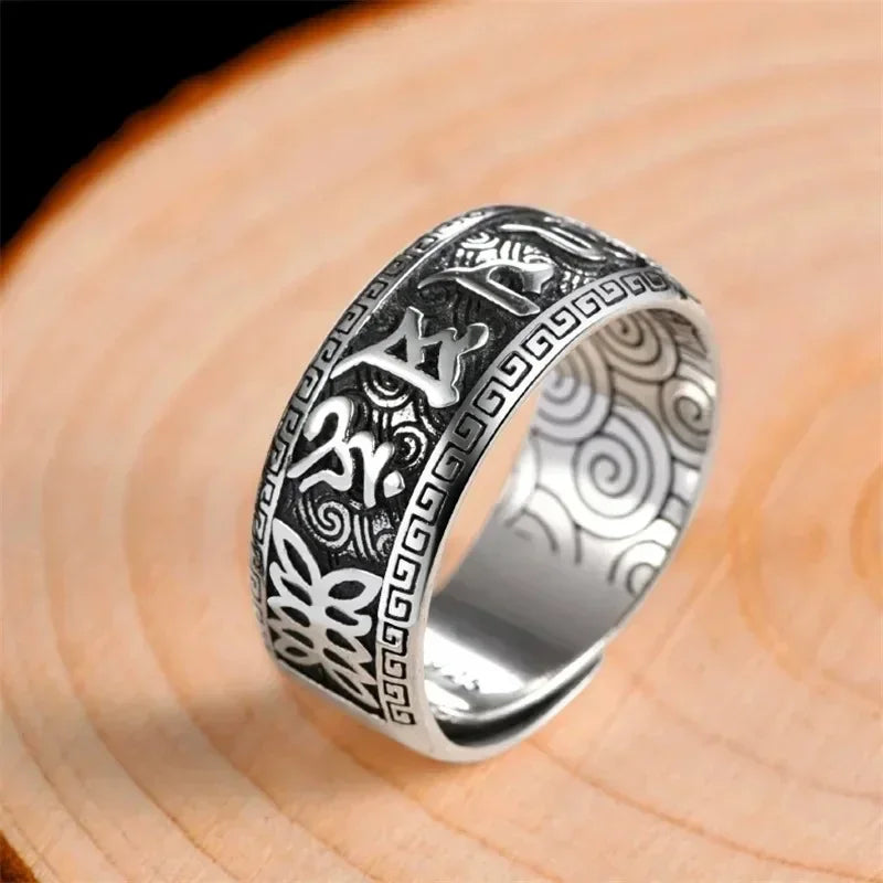 925 Silver Ring Male Finger Accessories Personality Retro Buddhist Scripture Mantra Om Mani Padme Hum Ring For Men Adjustable