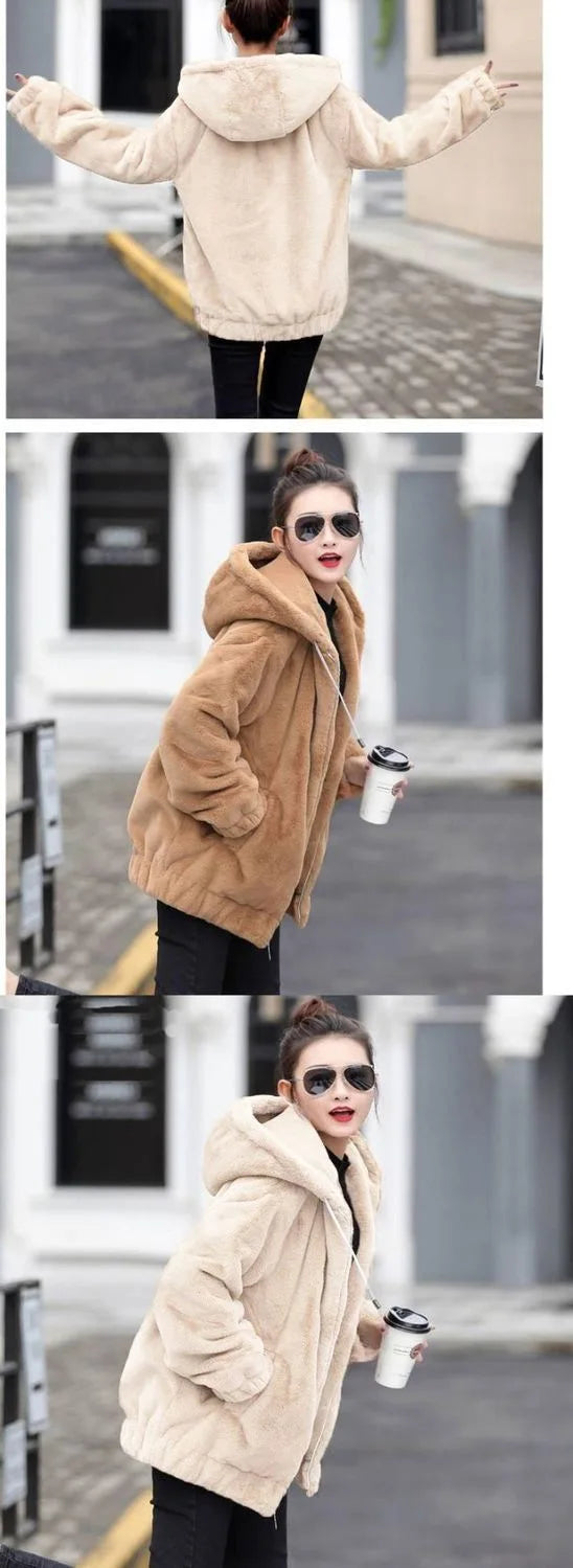 Women's Flannel Hooded Coat - Mid-Length Plush Jacket, Winter Fleece-Lined Warm Outerwear