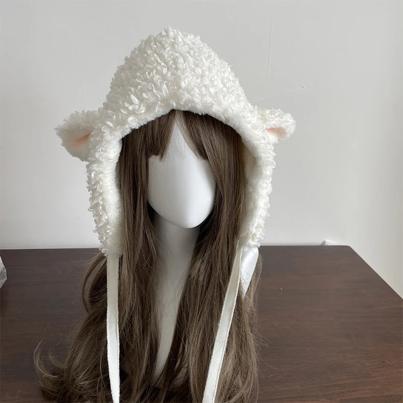 Winter White Plush Sheep Warm Hat Lolita Set Women's Outdoor Cute Leg Warmer Earmuffs Jk Cosplay Clothing Fashion Accessories