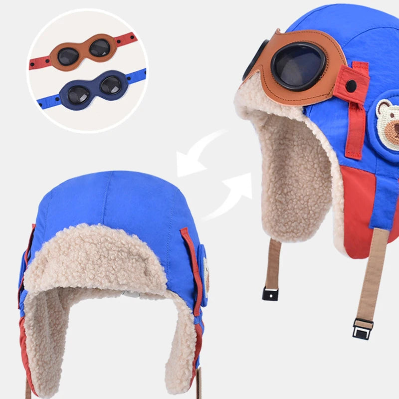 Winter Kids Skiing Hat with Detachable Goggles Kids Beanie Protect Ears Fleece Lining Children Bonnet Cap for Boys Girls 4-12Y