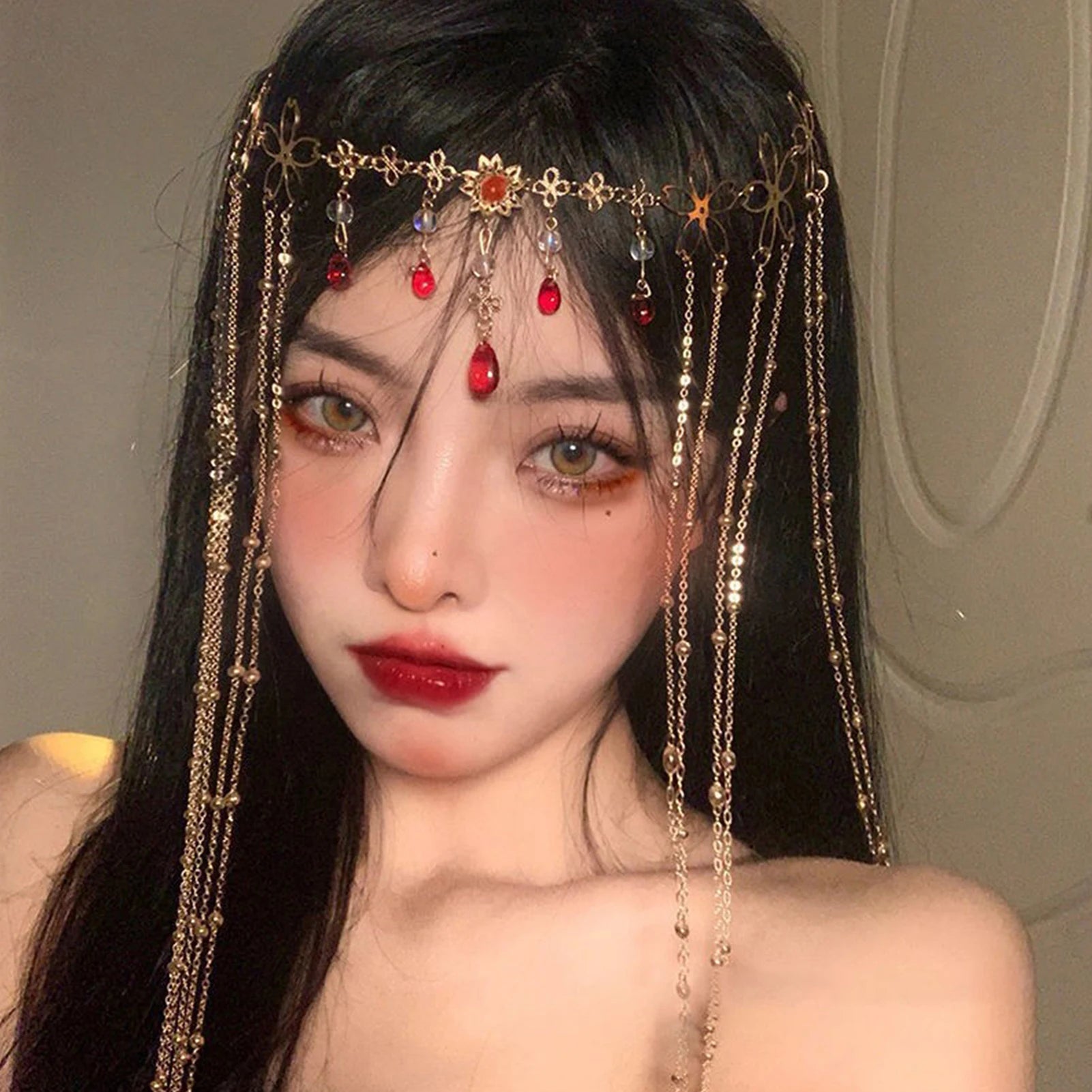 Luxury Jewelry Hair Accessories For Women Waterdrop Flower Tassel Forehead Chain Sexy Red Gemstone Hair Pendant Elegant Hairpin