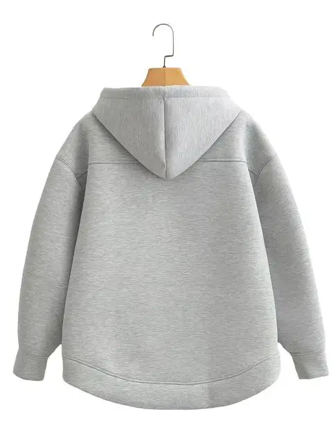 2025 Women Gray Jacket With Hood Long Sleeve Big Pocket Zipper Jacket Coat Woman Loose Casual Outerwear Coat Tops