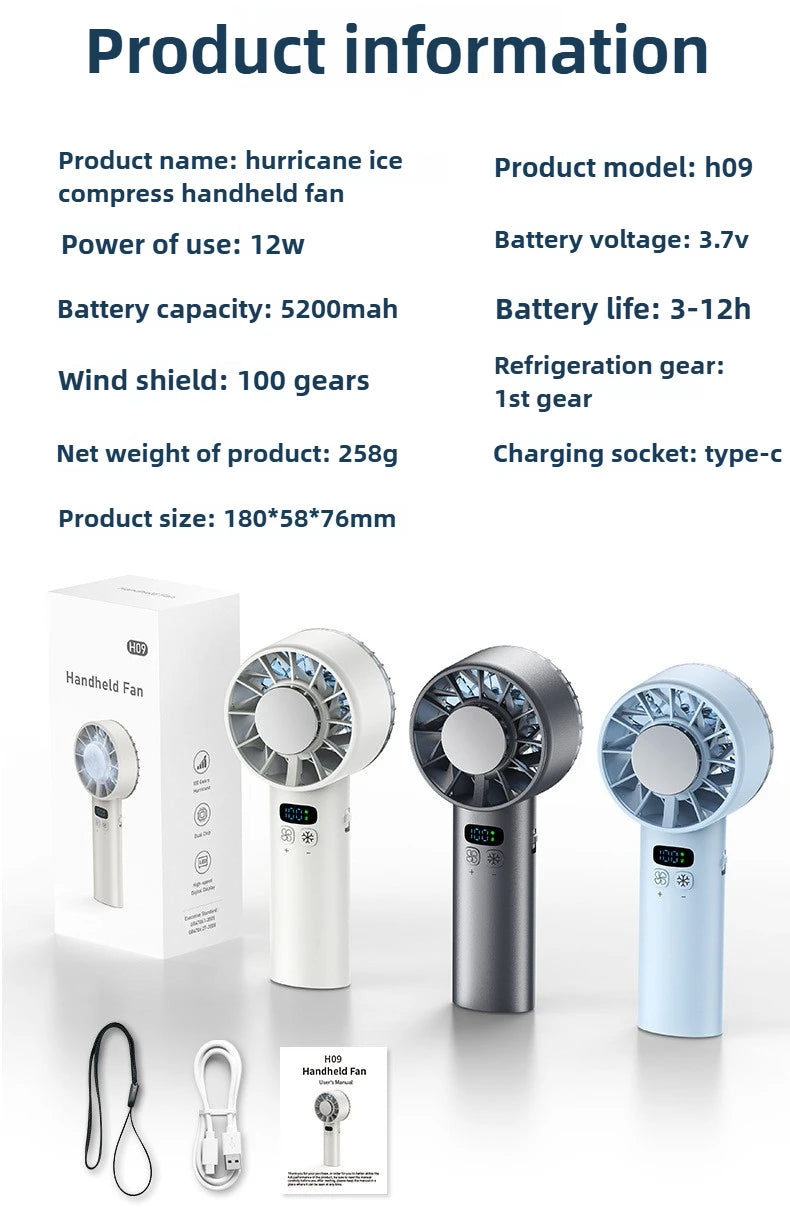 Ice compress high-speed cooling fan handheld fans USB Rechargeable portable mini fan LED Digital Display, Travel,Camping,Outdoor