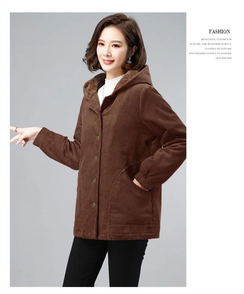 Women Corduroy Jackets 2025 New Autumn Winter Solid Loose Coat Female Casual Middle-Aged Plus Velvet Warm Hooded Ladies Overcoat