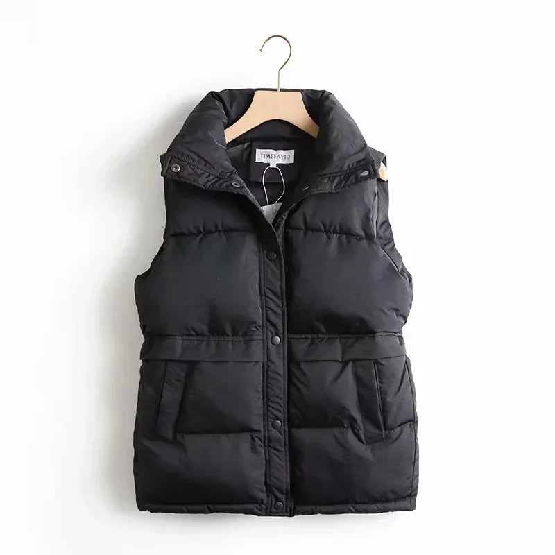 Winter Women Solid Loose Vest Fashion Drawstring Stand Collar Long Vest Jacket  Cotton Padded Women Windproof Warm Waistcoat