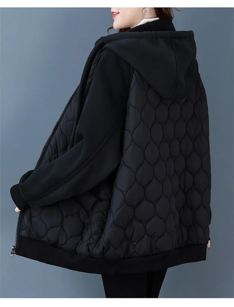 Autumn/Winter Jacket Women Hooded Splice Down Cotton Coat 2023 European Station Large Size Loose Cotton Jacket Female Outerwear