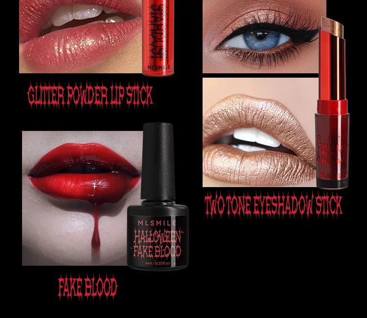 MLSMILE Halloween Makeup Set Eyeshadow Glitter Lip Glaze Fake Blood Wearing Armor 4pcs/set Festive Set Trick or Treat Cosmetics