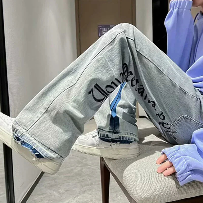 Man Fashion Casual Jeans Male Hip-hop Chic Loose Straight Leg Brand Retro Streetwear Pants Letter Print Goth Punk Baggy Trousers