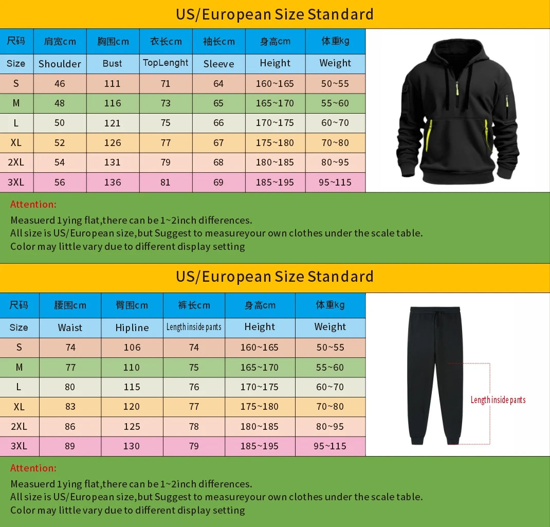 2025 Men's Tracksuit Casual Jogging Suit Outdoor Set Hoodies + Black Sweatpant 2pcs Fashion Warm Contrasting Colors Sportswear