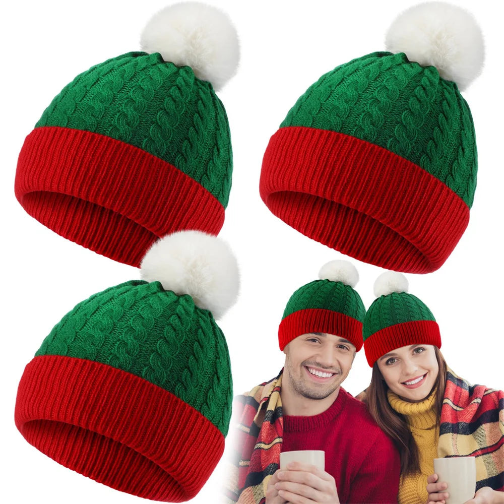 Winter Fur Pom Poms Hat Winter Hat For Adult Kids Hat Knitted Beanies Cap Hat Thick Christmas Xmas Santa  Skullies Beanies