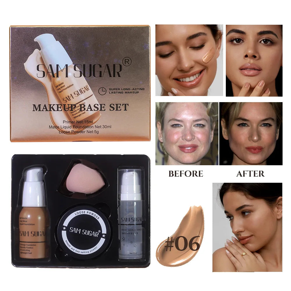Makeup Base Set With 15ml Primer 30ml Matte Foundation 5g Loose Powder Puff For Smooth Flawless Skin Longwear