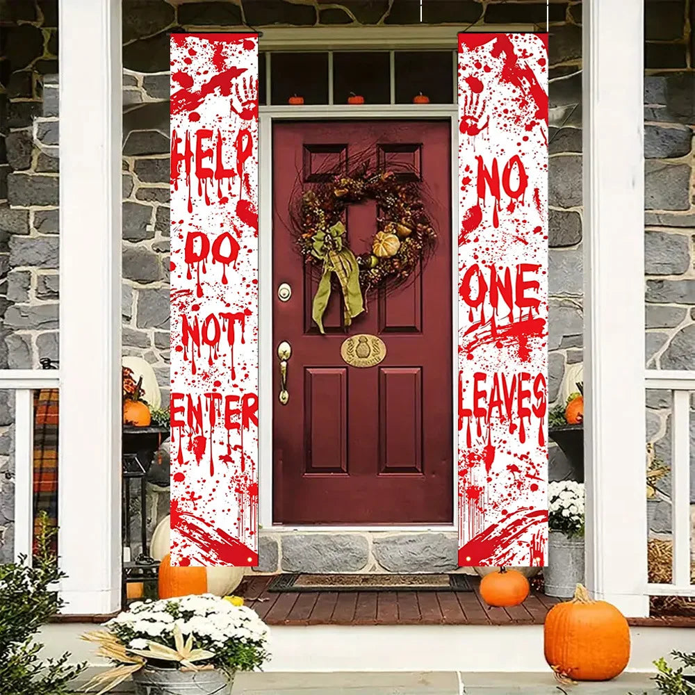 Halloween Couplet Horror Theme Festival Carnival Party Decoration Polyester Backdrops Pumpkin Skeleton Pattern Door Curtain