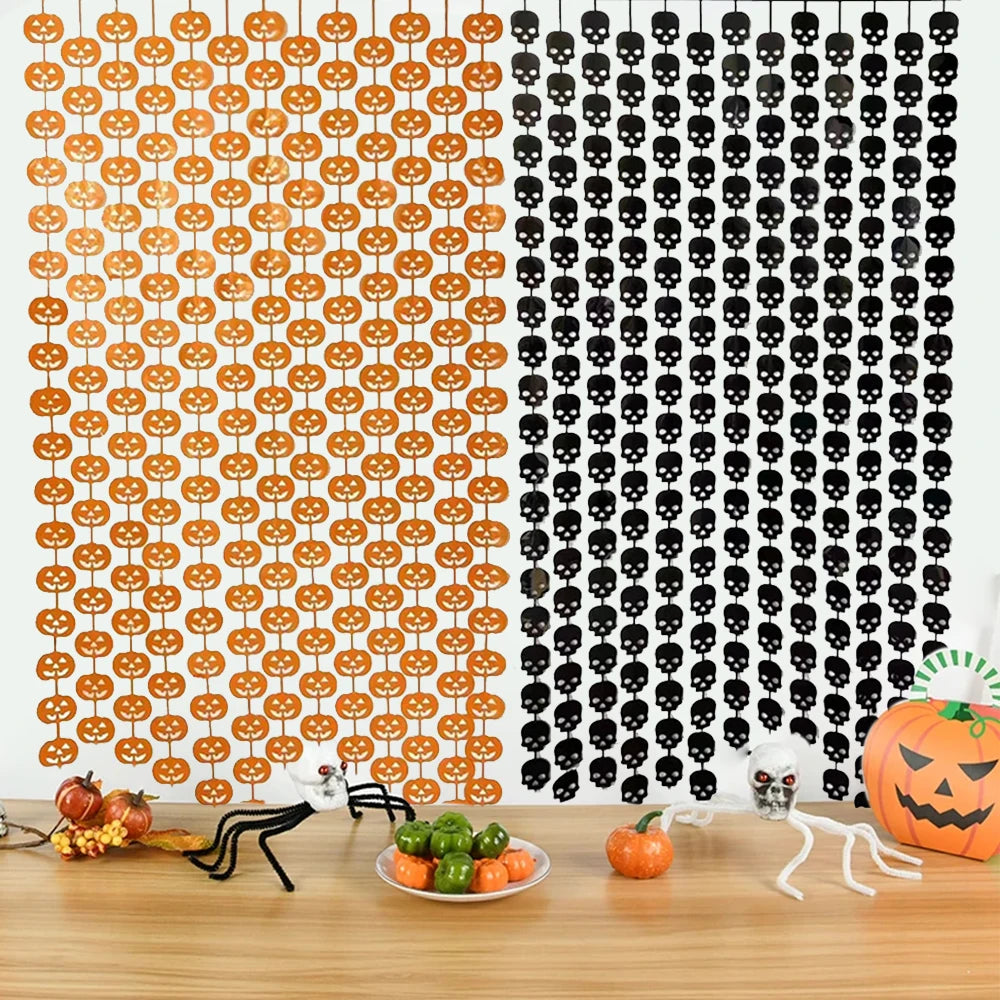 Halloween Decorations Pumpkin Skull Bat Black Orange Hanging Curtain Backdrop Haunted House Halloween Themed Party Supplies