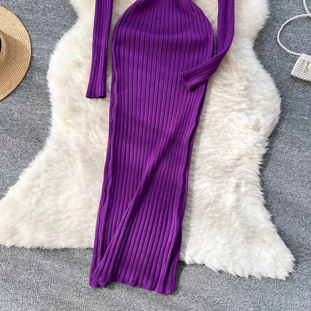 Women Knitted Dress O Neck Sexy Slim Elastic Oversized Basic Bodycon Long Dress Winter knit Warm Sweater Dresses