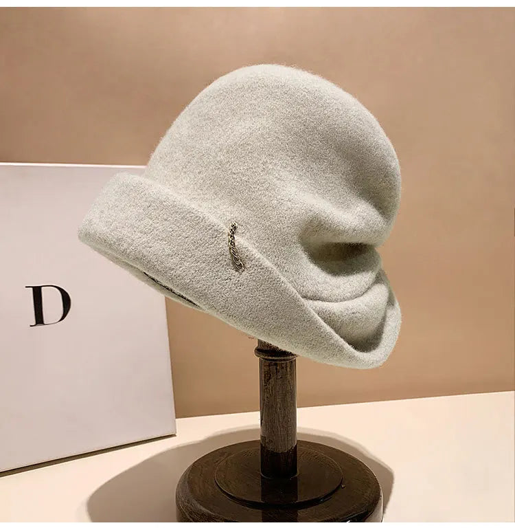 Winter Hat for Women Soft Warm Wool Cap Adjustable Ladies Beanie Cloche Bucket Hat Crushable Ski Hat Upturn Brim Church Hat