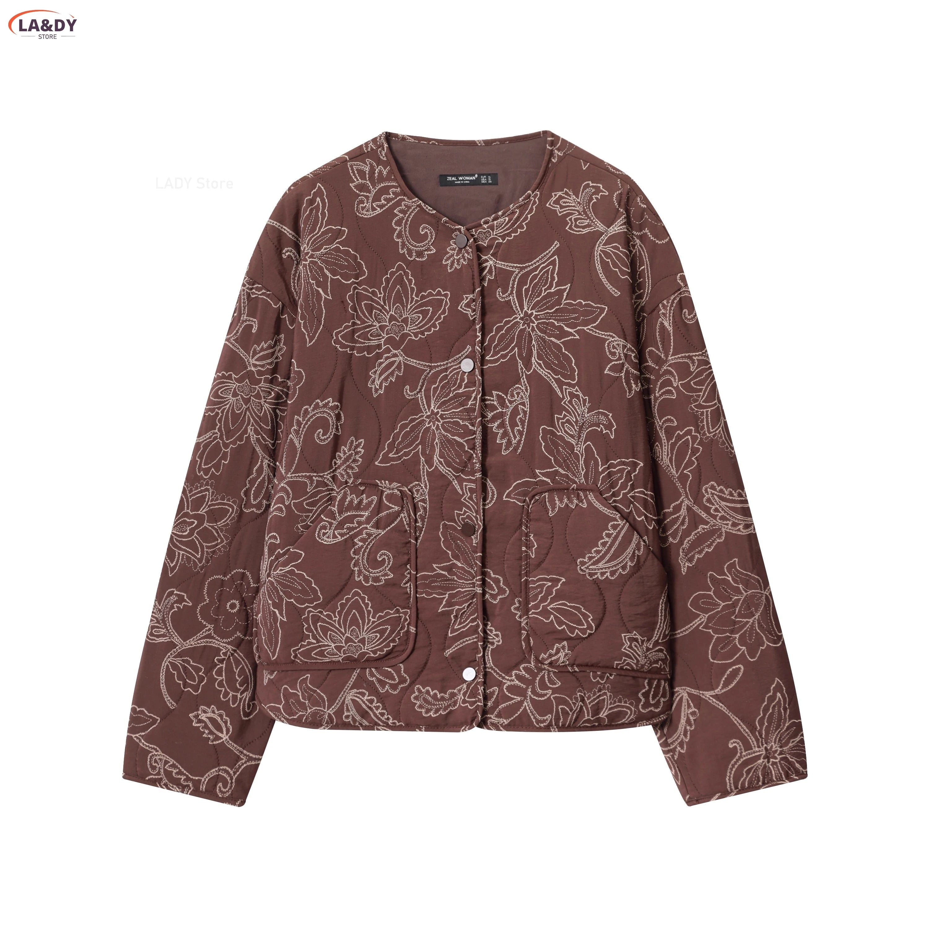 Jacket Coat Women 2025 Autumn Fashion Vintage Chic Print O-Neck Buttons Oockets Casual Loose Outwear Ladies