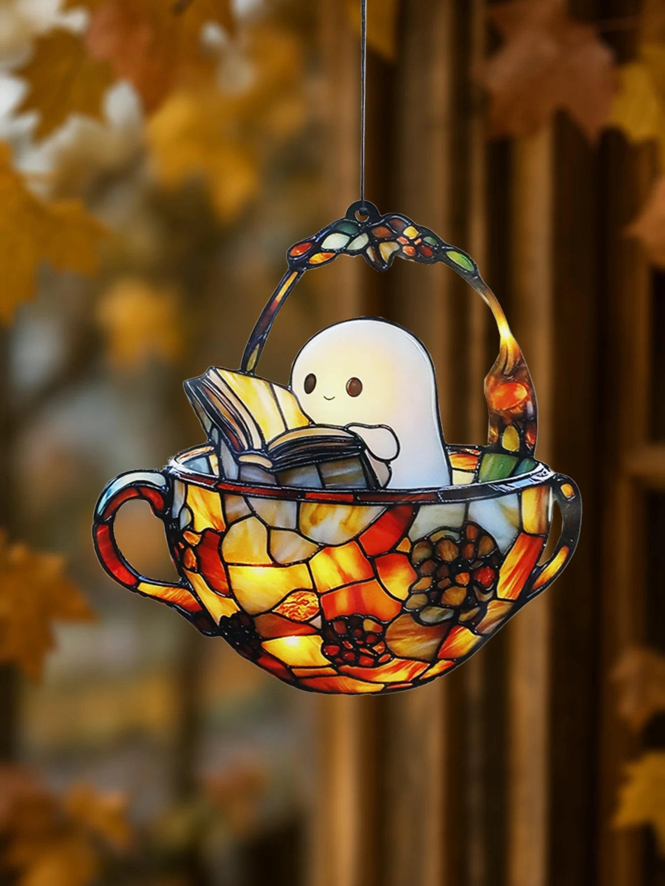 Halloween Ghost Hanging Decor - Cute Ghost Reading in Colorful Teacup, Acrylic Suncatcher, Window Ornament for Home & Party Gift
