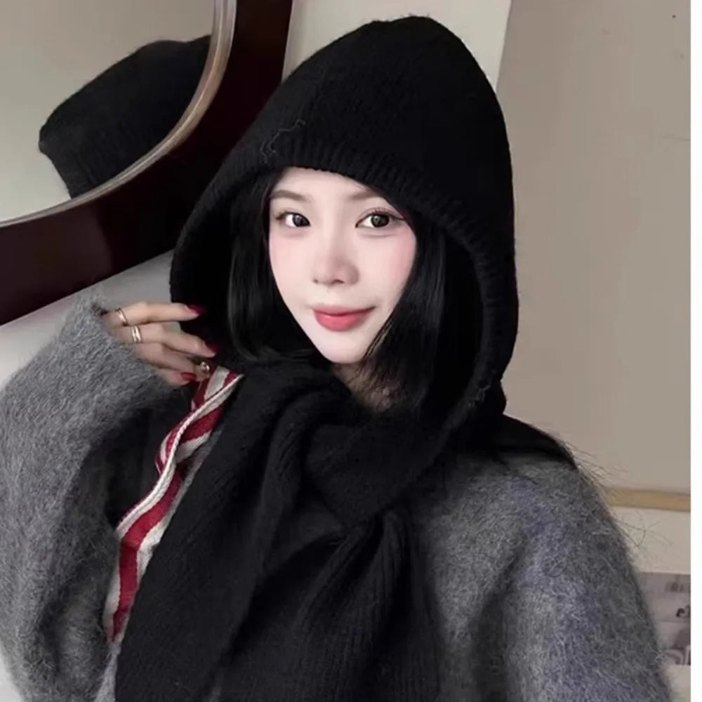 Knitted Winter Balaclava Thickened Hooded Hat Ear Protection Cap One-Piece Winter Accessories Neck Protection Scarf Y2K Style