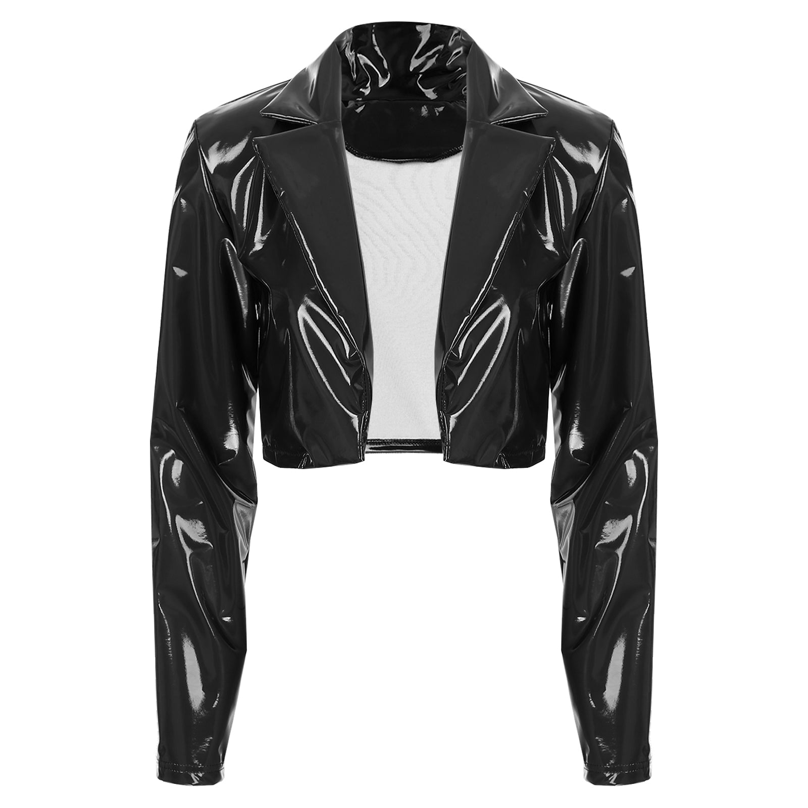 Womens Fashion Black Red Motorcycle Jacket Wet Look Music Festival Clubwear Long Sleeve Patent Leather Lapel Cropped Coat