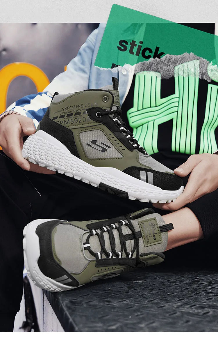 Men's Shoes 2025 New Outdoor Leisure Sports Mesh Shoes Driving To Work Thick Soled Wear-resistant Black Mid Top Trendy Sneakers