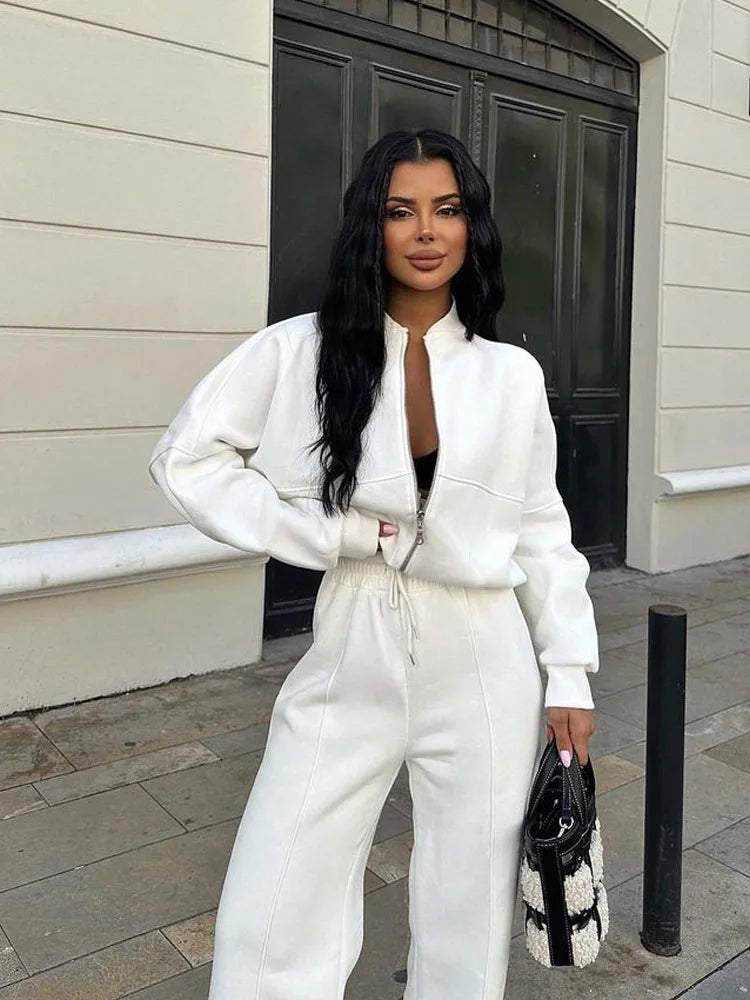 Women Sweatsuit Set Vintage O-neck Zipper Bomber Jackets High Waist Loose Pants Suit Female 2025 Spring Fashion Lady Sportswear