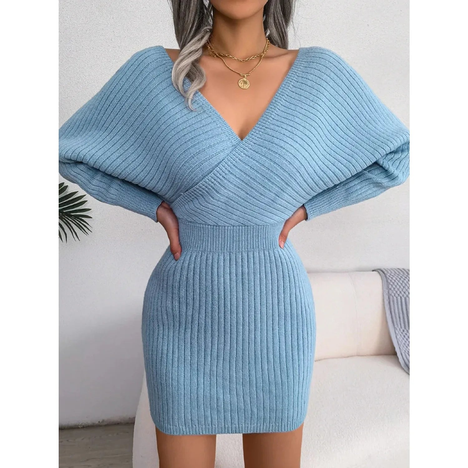 Autumn Winter Casual Sexy Cross V Neck Batswing Sleeve Dress for Women Solid Color Wrap Hip Woolen Dress