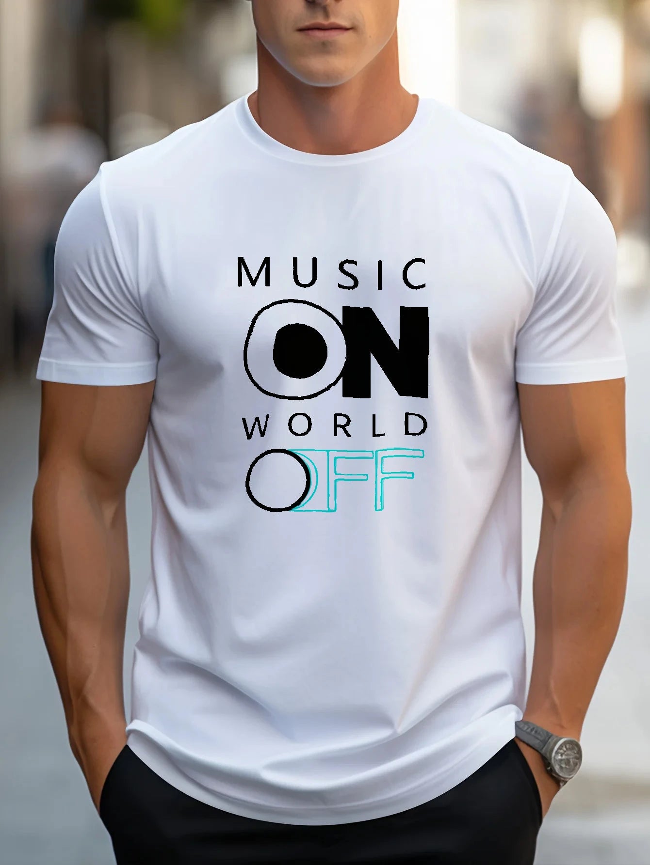 Men's T-Shirt White Music ON World OFF Printed Pattern High Quality Cotton 180g