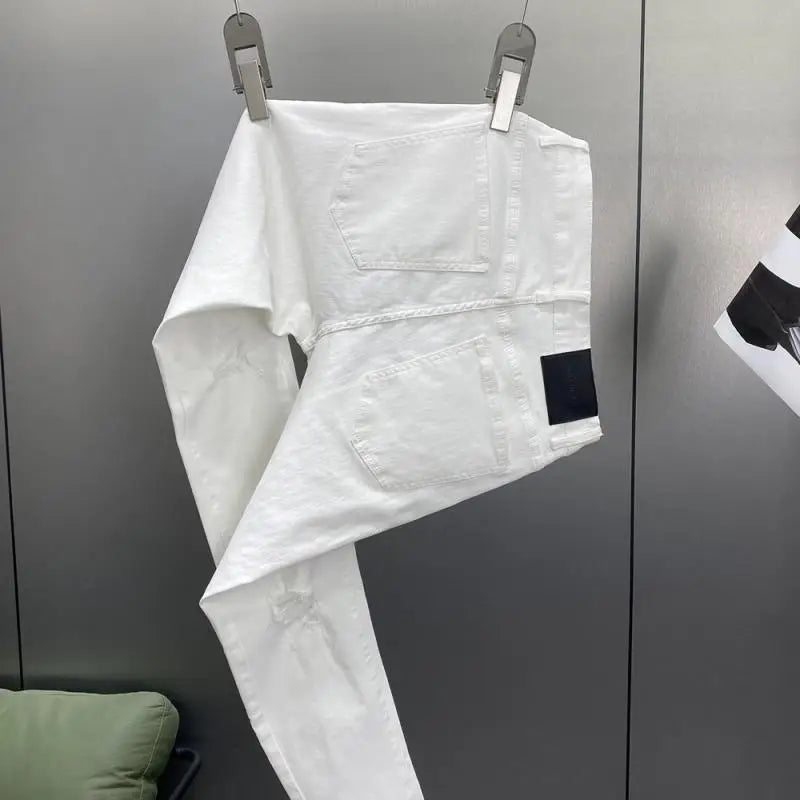 Ripped Jeans Men's Summer Thin Casual Elastic Versatile White Jeans Men's Korean Trendy Pants denim men clothing cargo pants