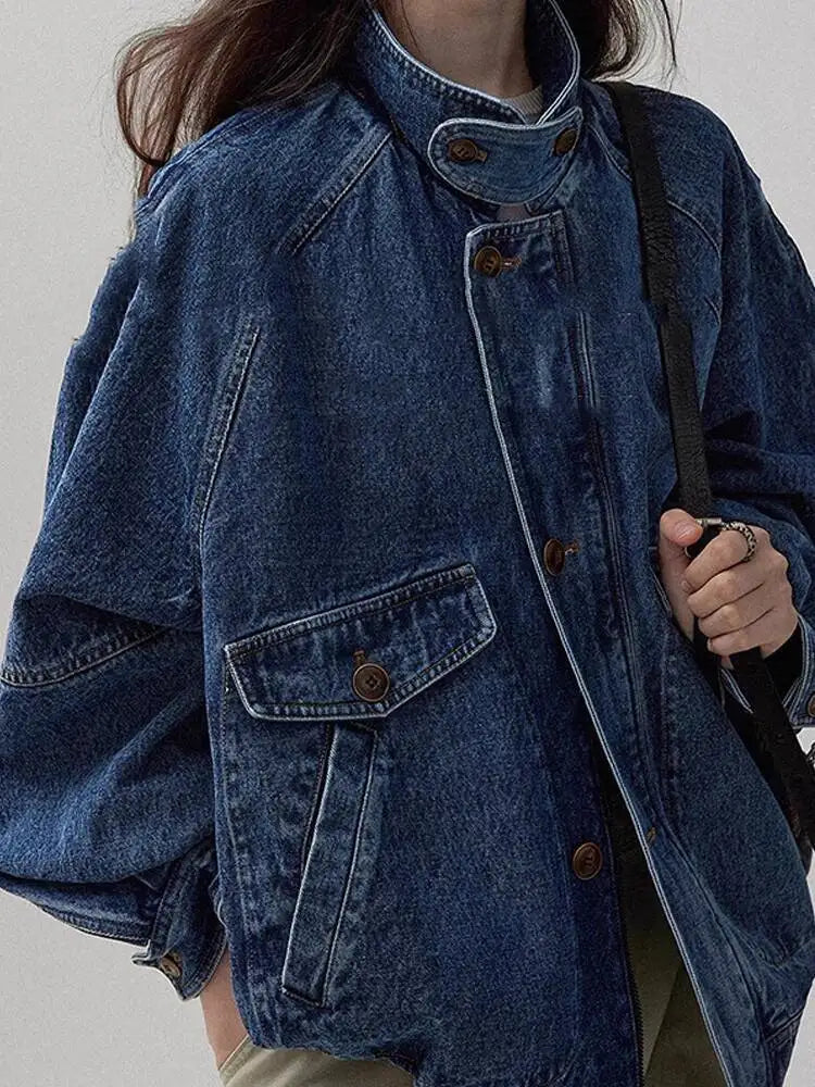 Women Denim Jacket 2025 Autumn New American Retro Blue Denim Jacket For Women Unique Design Catching Work Wear Style
