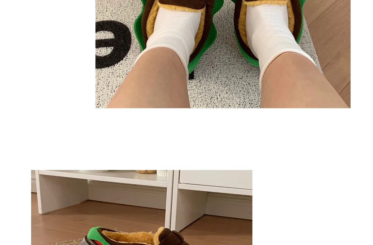 Women's Home Slippers Winter Warm Fuzzy Hamburger Slippers Funny Cute Indoor Rug Flat-Soled Home Shoes Plush Home Slippers