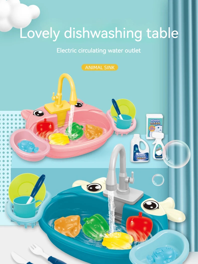 Kids Play Kitchen Set Simulated Dishwasher Sink Hand Basin with Electric Circulating Water Toys for Boys Girls Pretend Role Play