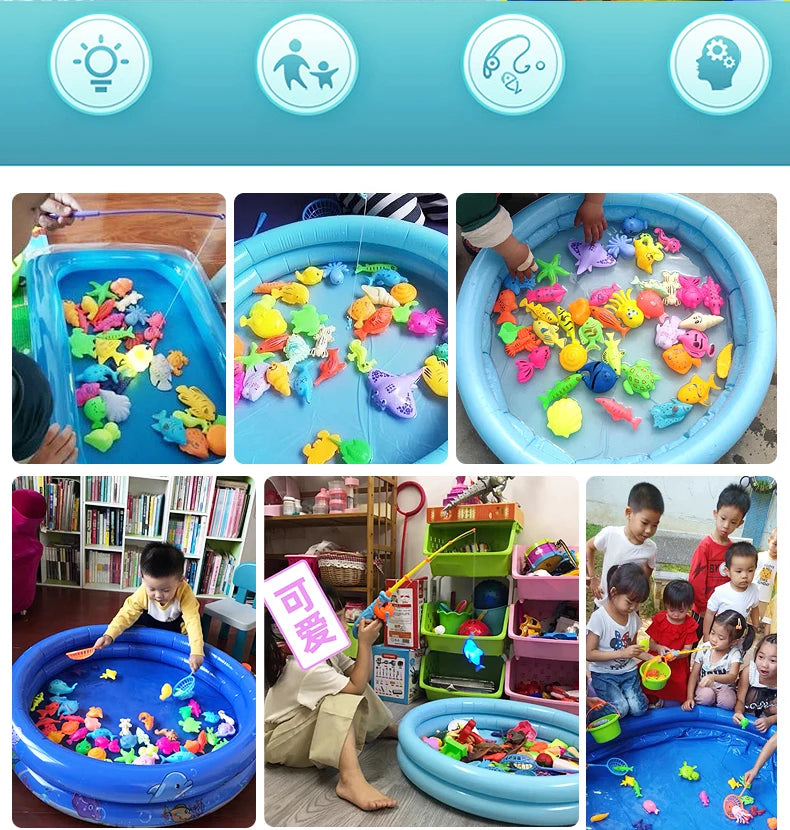 Kids Fishing Toy Set Play Water Toys for Baby Magnetic Rod and Fish with Inflatable Pool Outdoor Sport Puzzle Toys for Children