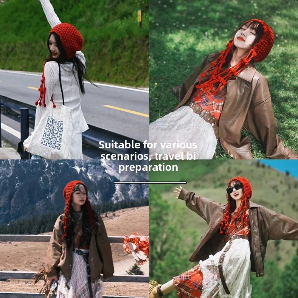 Winter Travel Red Hollow Knit Beanie Fashion Hat with Tassel Tie for Women Cold Weather Accessory
