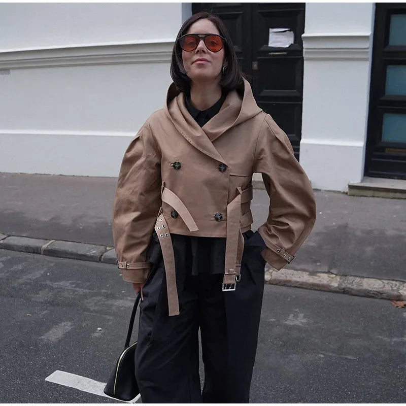 Women's Jacket Chic Double Belt Hooded Full Sleeve Button Female Female Jackets 2025 Autumn Fashion High Street Lady Outwears