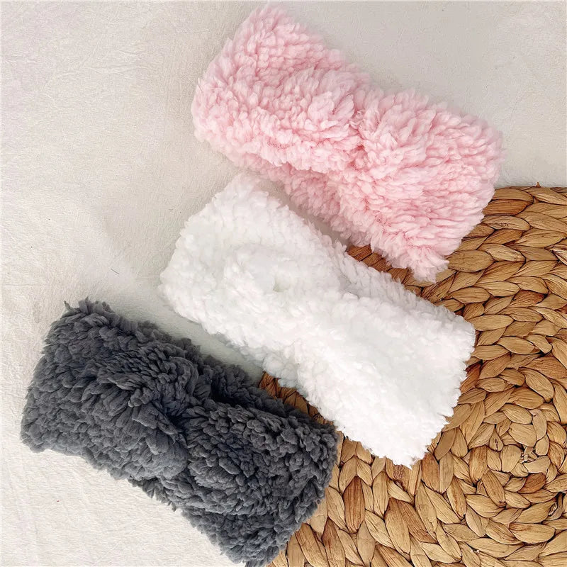 Winter Headband for Mother Girls Hair Accessories Teddy Fabric Head Wrap Soft Twist Knot Turban Ear Warmer Vintage Hairbands