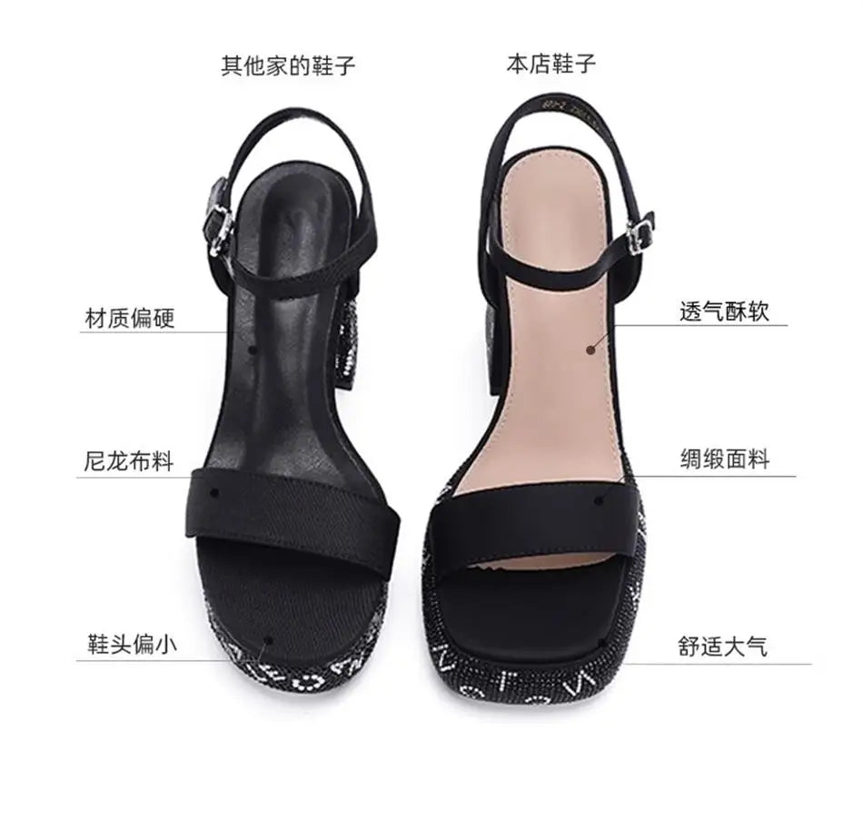 Shoes for Women 2025 Fashion New Summer Sexy Rhinestone Ladies High Heels Peep Toe Square Toe Thick with Women's Sandals