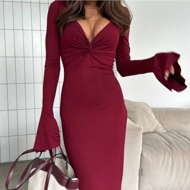 2025 Autumn and Winter New Women's Long Dresses Fashion Sexy V-neck Ruffle Sleeve Long Sleeve Skirts